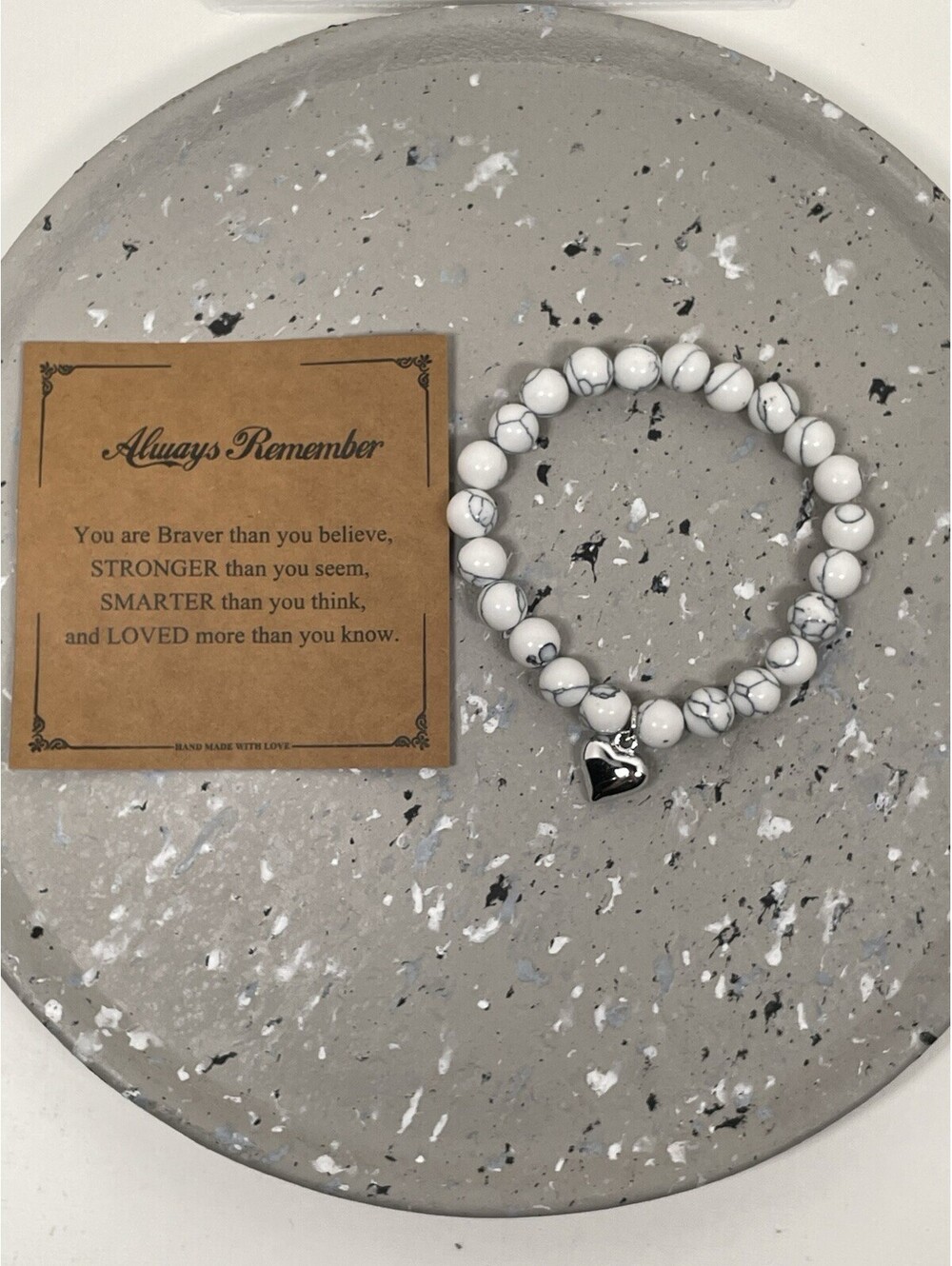 White Howlite Beaded Bracelet Silver Heart Charm Inspirational Always Remember